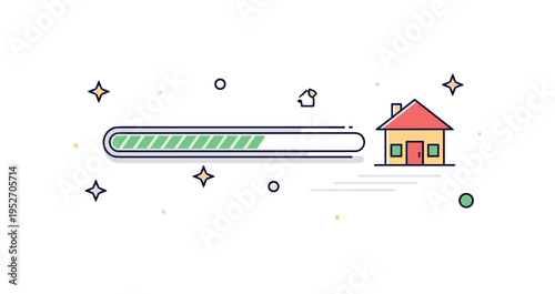 Savings goal tracking mobile app interface showing a progress bar filling toward a small house icon, expressing financial planning and future