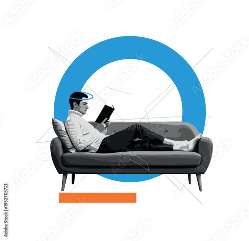 Black and white person relaxing on couch with book in hand, bright blue circular halo framing upper body, orange horizontal bar marking floor line, abstract
