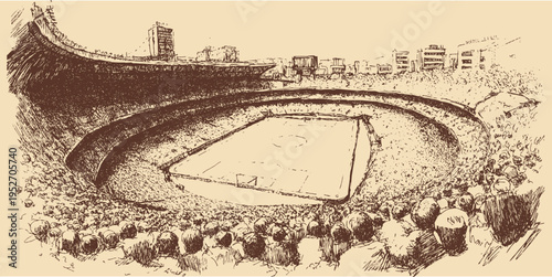 A large soccer stadium packed with spectators, wide-angle, minimalist line vector illustration.