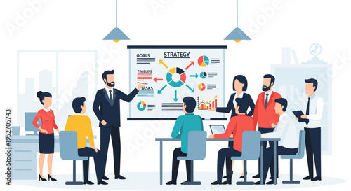 Business team discussing marketing strategy in modern office with colorful infographic on screen in bright corporate lighting for presentation