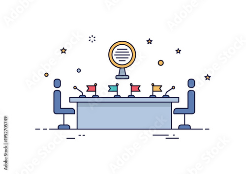 Diplomatic summit scene simplified conference table with tiny upright flags placed in front of seats, conveying formal international dialogue and negotiation.