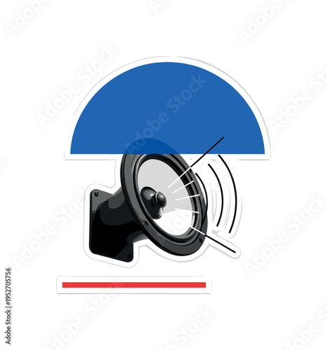 Black and white loudspeaker mounted on a wall viewed from low angle, large cobalt blue semicircle anchoring the upper section, thin red horizontal accent line