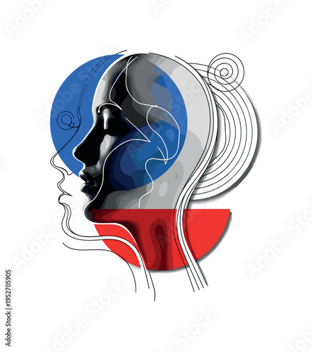 A black-and-white profile silhouette blended with oversized flat blue circle behind, bold red semicircle intersecting the lower composition, thin curved lines