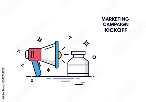 Marketing campaign kickoff illustration featuring a megaphone beside a simple product outline with small star accents, symbolizing communication and brand