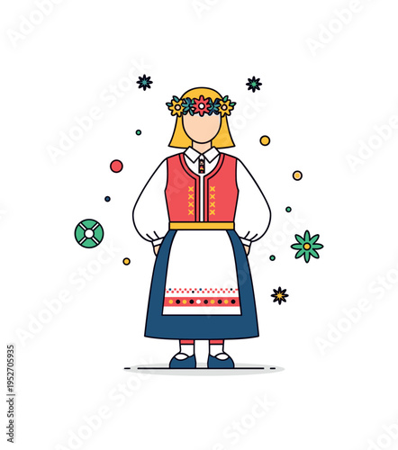 Nordic folk costume embroidered vest with apron and floral crown arranged in a proud upright stance, conveying seasonal celebration and regional craftsmanship.