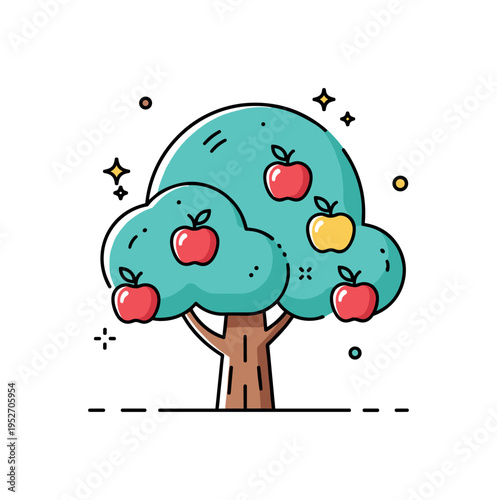 Whimsical apple tree with rounded canopy and slightly oversized apples expressing playful countryside charm. Subtle sparkle accents add warmth without clutter.