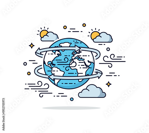 Weather patterns simplified globe with swirling cloud bands and directional wind arrows circling around it, expressing global atmospheric circulation and