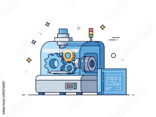 3D model of production machine presented as a compact industrial unit with visible gears inside a semi-transparent housing and a small blueprint panel beside