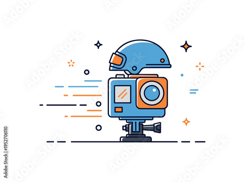 Action cameras extreme sports recording concept featuring a compact rugged camera mounted on a small helmet silhouette with dynamic motion lines suggesting