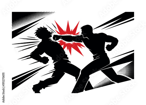 Comic fight scene silhouettes, black and white human silhouettes frozen mid-impact, dynamic punching pose with exaggerated motion lines, bold red explosion