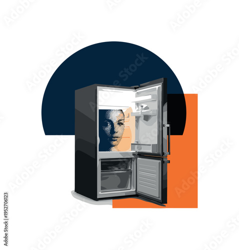 monochrome refrigerator seen slightly ajar in dark space, human face lit by interior glow, deep navy semicircle and orange abstract rectangular