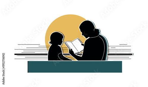 Realistic black and white scene of parent reading a book to child, oversized muted yellow circle halo behind the book, deep teal rectangular block anchoring