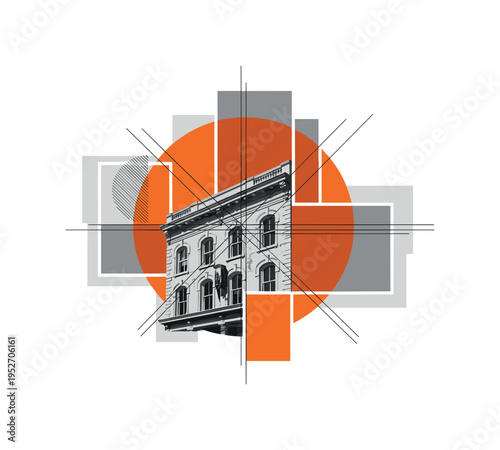 historic district building facade in black and white, intersected by large orange circle and fine black linear elements, abstract geometric blocks creating