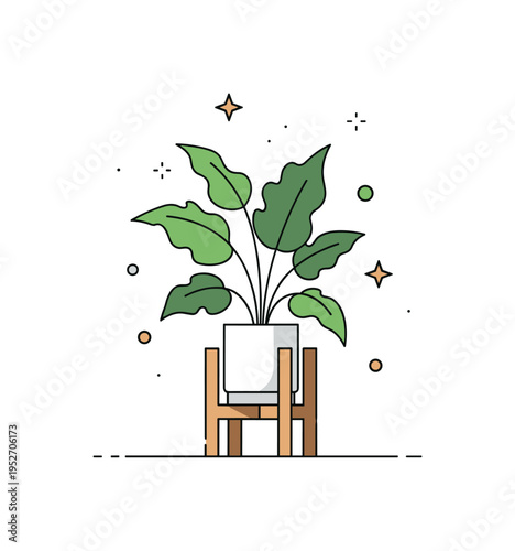 Indoor plant on a small wooden stand representing cozy apartment lifestyle and mindful home styling. Balanced negative space keeps the lush leaves as the