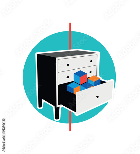 Black and white dresser with one drawer pulled open revealing abstract blue and orange geometric cubes symbolizing storage capacity, oversized turquoise