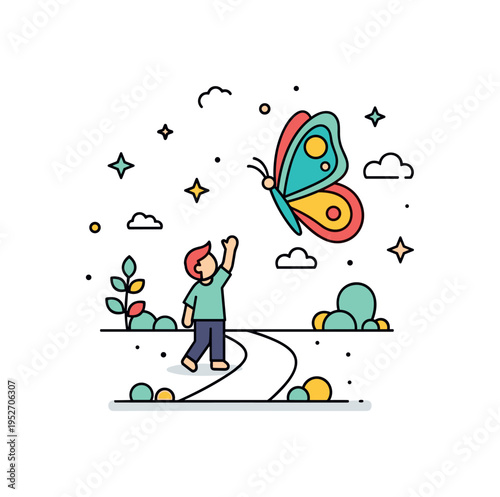 Butterfly garden adventure scene showing a simple path with a child reaching upward toward a large colorful butterfly, expressing curiosity and connection with