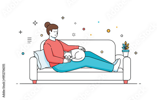 Cuddling a cat on the couch featuring a relaxed figure with a curled cat resting peacefully on their lap, expressing calm companionship and cozy indoor