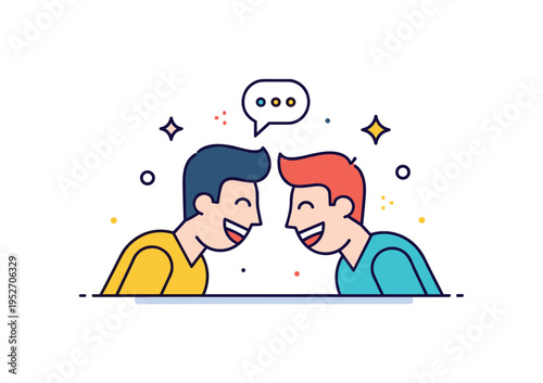 Shared joke scene two figures leaning toward each other laughing with small speech bubble and sparkle details, expressing closeness and emotional connection.