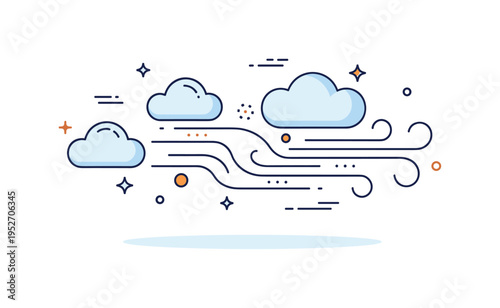 Wind shaped cloud movement concept featuring curved airflow lines guiding soft cloud shapes across the frame, symbolizing motion and atmospheric currents. A