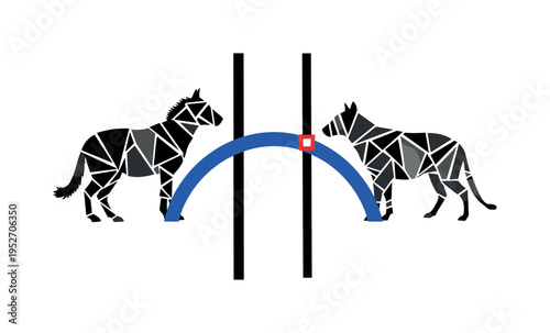 Black and white fragmented animal silhouettes on opposite sides of a vertical barrier line, bright electric blue bridge shape arching over the barrier to