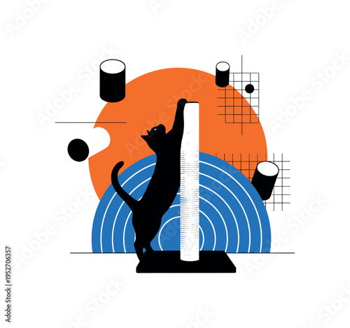 Black and white scratching post with a cat stretching upward, bright orange circular backdrop and blue concentric arcs radiating from the post like playful
