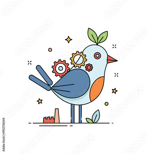 Garden sculpture from recycled metal illustrated by a small bird form crafted from gears and rods, expressing harmony between industry and nature. A warm