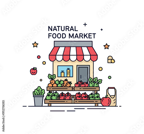 Natural food market badge featuring a small storefront icon with produce displayed in front, conveying community markets and wholesome shopping experiences.
