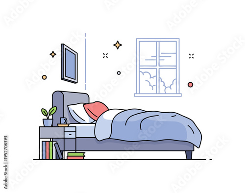 Peaceful bedroom retreat featuring a bed with plush comforter and a subtle window outline suggesting quiet early morning light. The image communicates calm