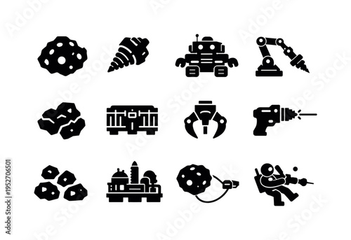 Asteroid Mining. Solid icon set of Asteroid Mining: asteroid rock, mining drill, space mining robot, ore extraction arm, asteroid fragment, space cargo