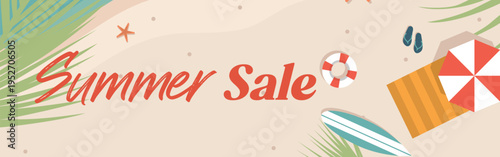 Minimalist summer sale poster with typography and abstract vector illustrations of summer icons over a gradient background