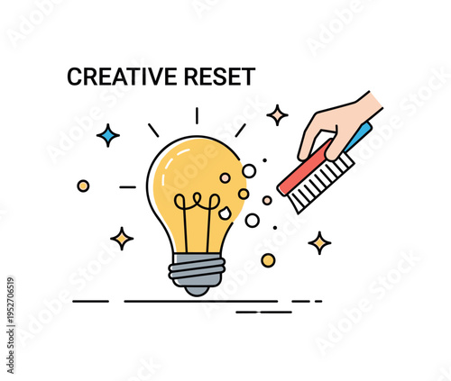 Creative reset moment illustrated by a lightbulb icon with small dust particles being brushed away and gentle sparkle accents appearing, conveying refresh,