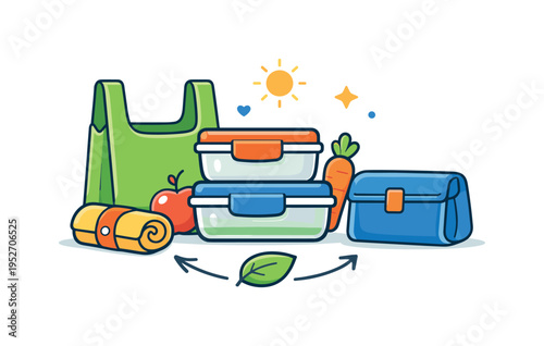 Reusable grocery storage concept illustrated by foldable bags and stackable containers arranged in a balanced composition representing sustainability and smart