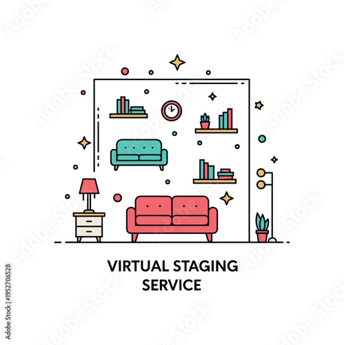 Virtual staging service badge featuring a simple empty room outline filled digitally with sofa and decor icons, symbolizing property enhancement and real