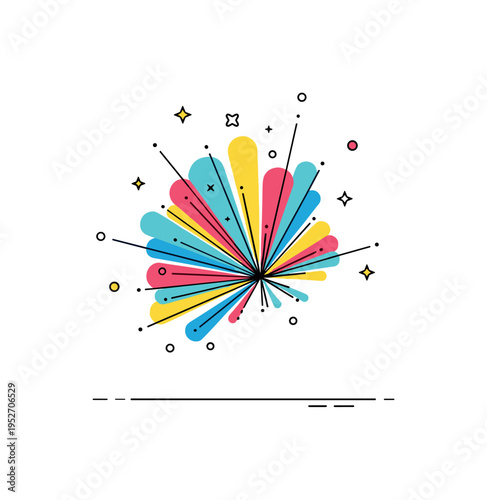Color burst abstract explosion of layered radial shapes expanding from a central point with tiny star accents, expressing dynamic energy and bold creative
