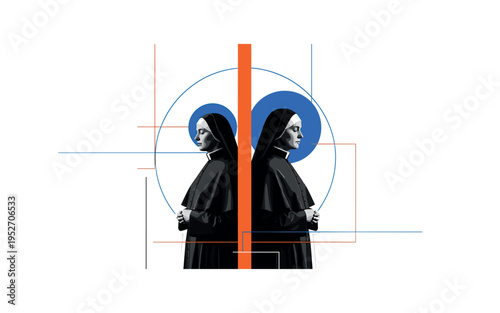 Black and white realistic priest and nun standing side by side in calm posture, bold blue circular halo behind both figures and bright orange vertical bar