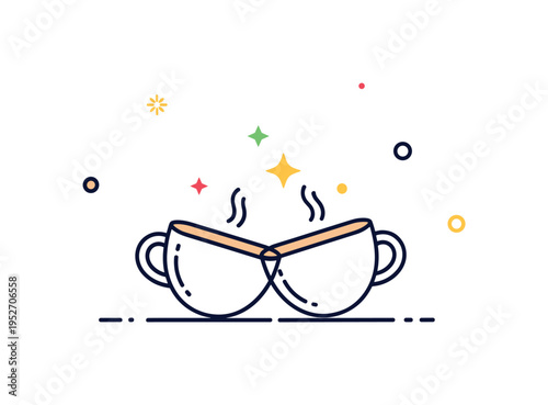 Coffee community gathering represented by two simple cups gently touching with tiny sparkle accents above them. A friendly editorial symbol of connection,
