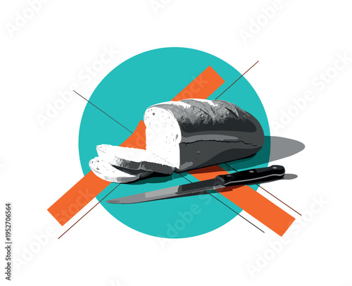 Black and white minimal still life of a single muffin with seasonal garnish on top, oversized red geometric circle centered behind it, deep navy horizontal