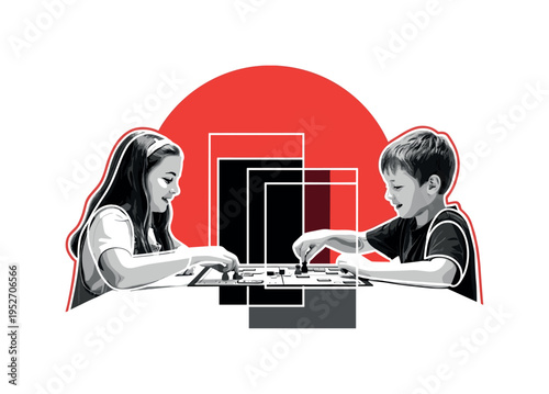 black and white siblings playing board game at table, bright red semicircle behind figures symbolizing energy, geometric rectangular forms layered like game