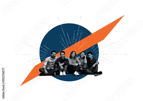 Monochrome silhouette of a small group sitting close together in relaxed poses, dramatic contrast and vintage feel, large abstract circle behind in deep blue