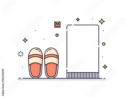 Slippers at bedside hygge lifestyle theme featuring soft house slippers next to a simple blanket edge with subtle sparkle accents. The composition reflects