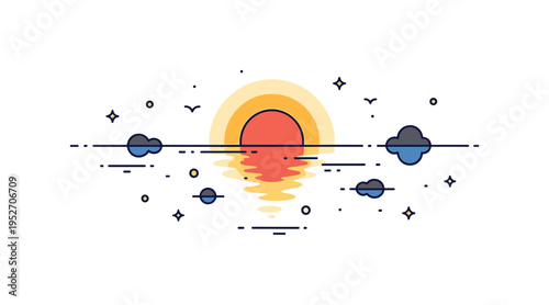 Lake sunset reflection centered on a low sun mirrored symmetrically in still water with minimal shoreline accents and tiny birds in the distance. The scene