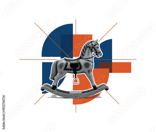 Black and white vintage rocking horse as the main object, realistic retro toy texture, slightly worn wood surface, cut-out effect with white outline, layered