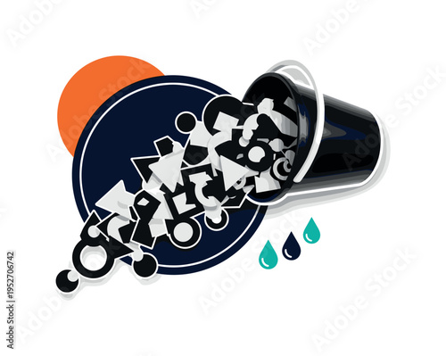 Black and white plastic bucket tipped slightly as if spilling abstract geometric shapes, vivid orange semicircle anchoring the top corner, deep navy circular