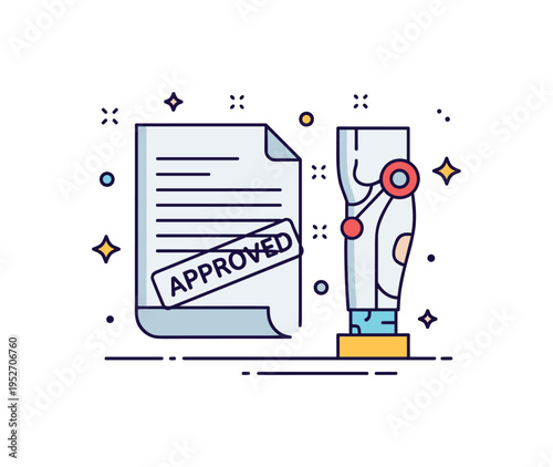 Regulation of augmentation central document icon stamped Approved beside a stylized enhanced limb, representing governance and policy frameworks guiding