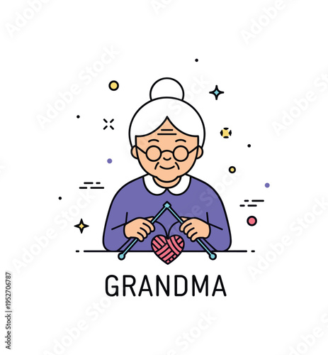 Grandma knitting theme featuring an elderly woman silhouette holding knitting needles with a small heart shaped yarn detail, expressing patience, creativity,