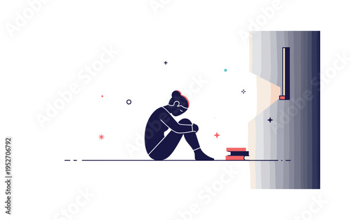 Lonely silhouette in a dim room sitting on the floor with knees pulled close expressing sadness and emotional weight. A small soft glow from a distant window