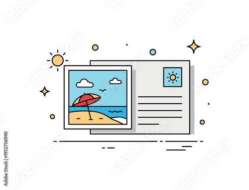 Summer holiday postcard scene with a small beach illustration framed on the card surface representing joyful updates from vacation. Subtle sun icon and sparkle