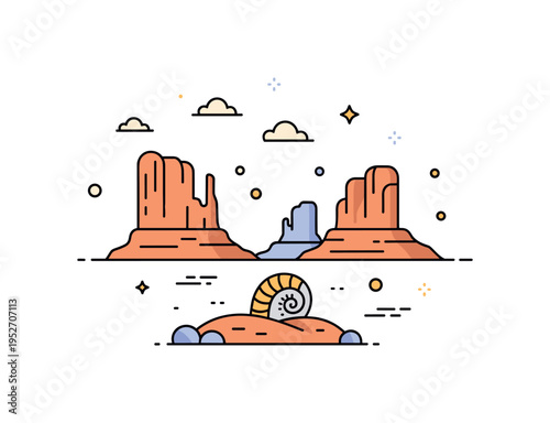 Prehistoric adventure travel stylized desert landscape with distant rock formations and a small fossil icon embedded in the ground, conveying exploration and