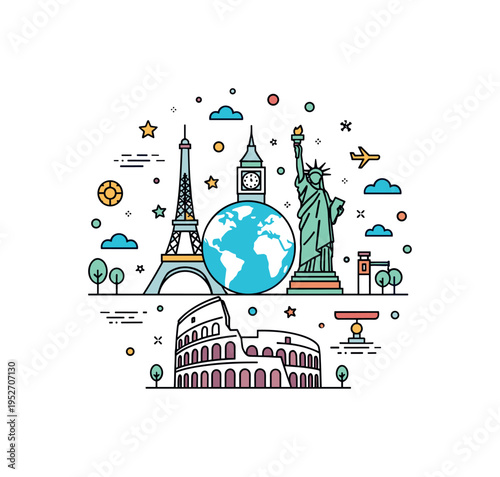World landmarks global travel concept featuring a compact circular composition with simplified silhouettes of the Eiffel Tower, Statue of Liberty,
