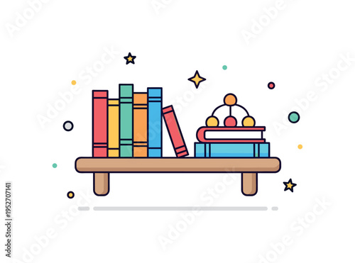 Children book shelf playful low shelf with colorful books and a small toy accent, symbolizing early education, curiosity and joyful learning. Minimalist flat